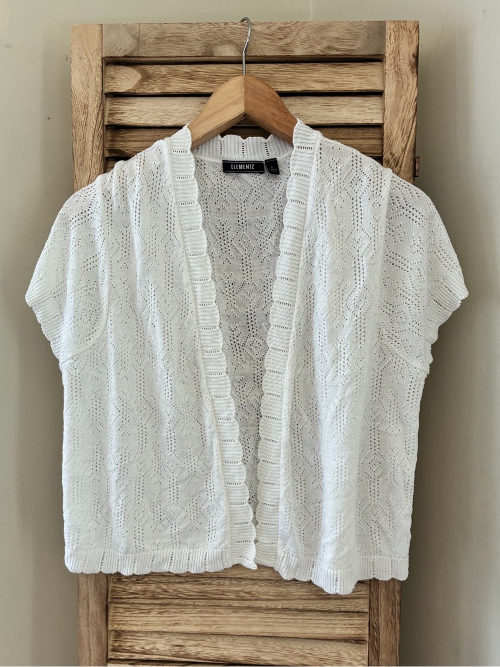 Elementz Cottagecore White Pointelle Knit Short Sleeve Open Front Cardigan Large